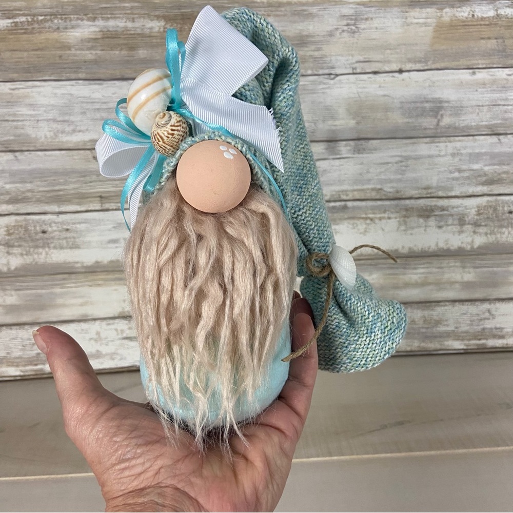 Gnome Beach Theme Aqua Flannel Sea Shells Coastal Home Decor Faux Fur Bows - Picture 6 of 11